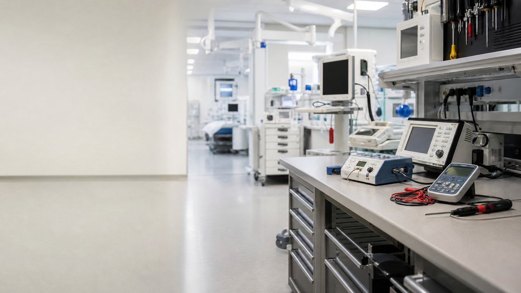 Biomedical engineering workbench with clinical test equipment and medical device tools